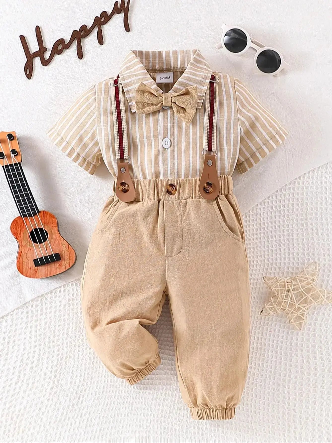 2-piece set of male baby gentleman's clothing, short sleeved shirt, bow tie, tie and suspender, long pants, spring and summer