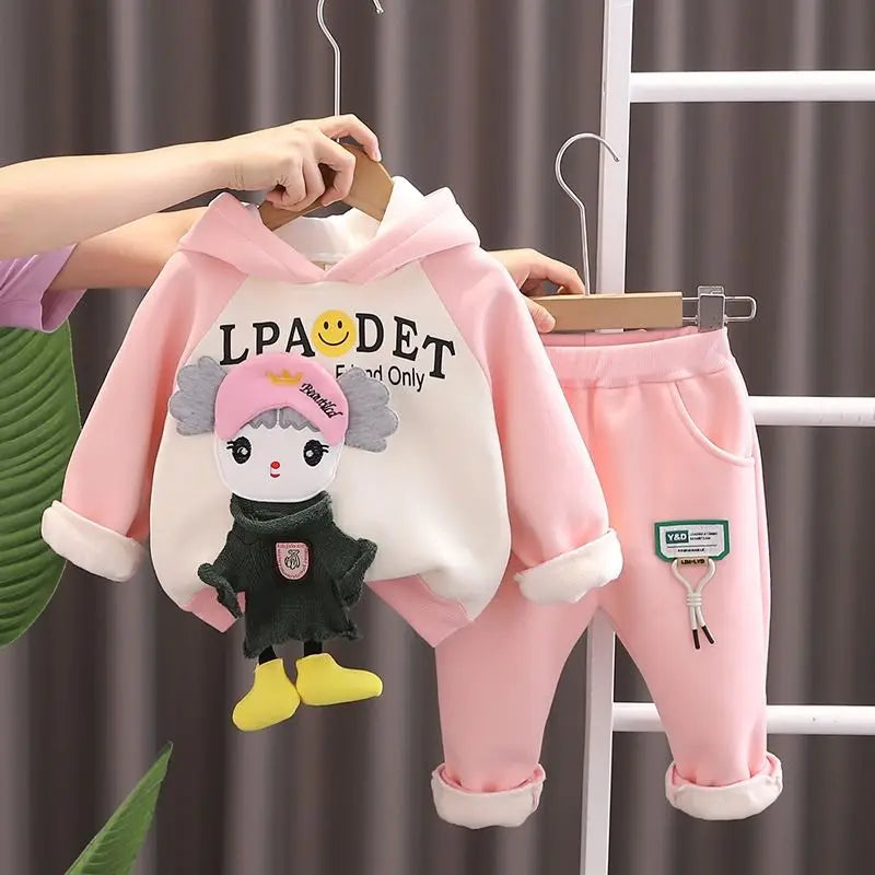 Baby Girls' Clothing Set Autumn and Winter New Children's Baby Plush Thickened Hooded Sweater Coat Pants Two Piece Set