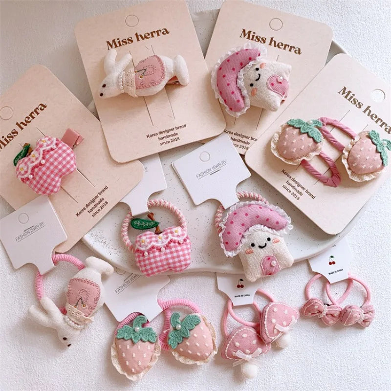 Pink Padded Fabric Cartoon Fruit Hair Clips Hair Ties for Girls Sweet Elastic Ponytail Holders Cute No Damage Hair Accessories