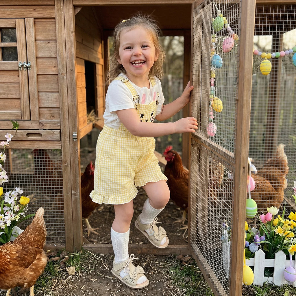 Kinder Mädchen Hasen Overall mit Taschen Niedlicher Hase Rüschenbesatz Ärmelloser Jumpsuit Shorts für Ostern