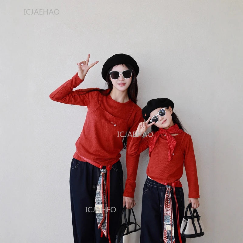 Matching Mother Daughter Children Orange Casual Outfit Straight Leg Jeans with Ribbon Trim Wide Leg Soft Denim Pants and Top Set