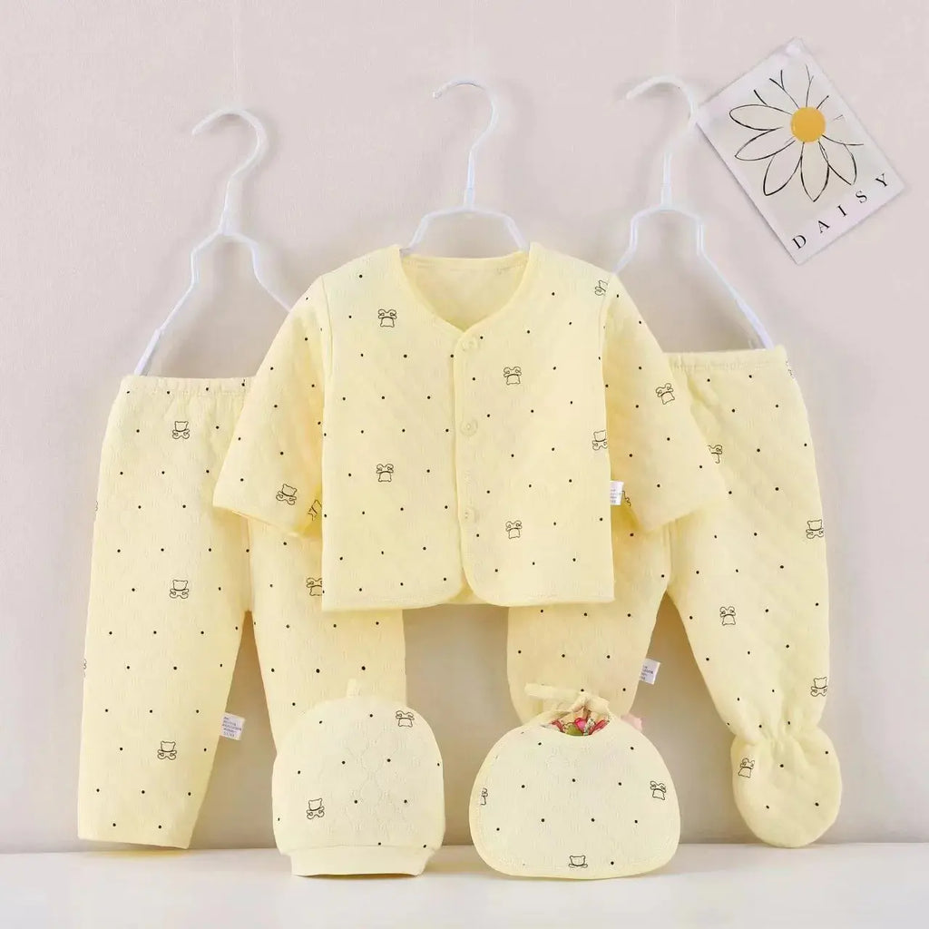 Baby Stepp-Bekleidungsset aus Baumwolle Warme Kleidung für Säuglinge Neugeborenen-Schlafanzug mit Mütze & Lätzchen 5-teiliger Anzug