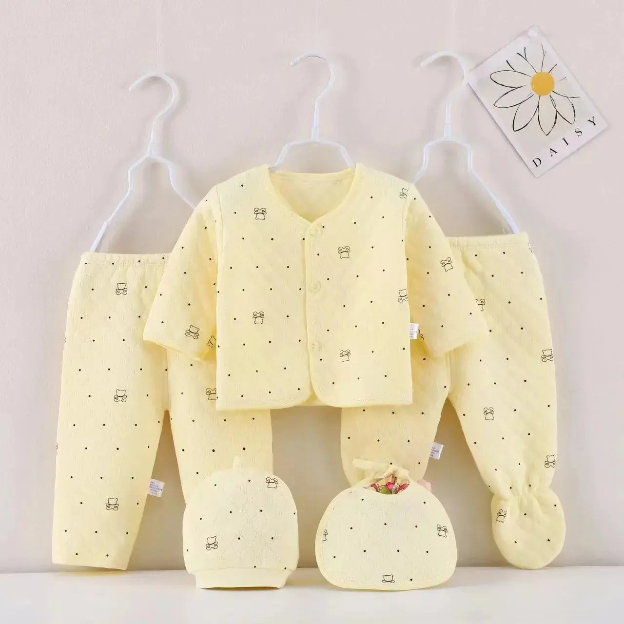 Baby Stepp-Bekleidungsset aus Baumwolle Warme Kleidung für Säuglinge Neugeborenen-Schlafanzug mit Mütze & Lätzchen 5-teiliger Anzug