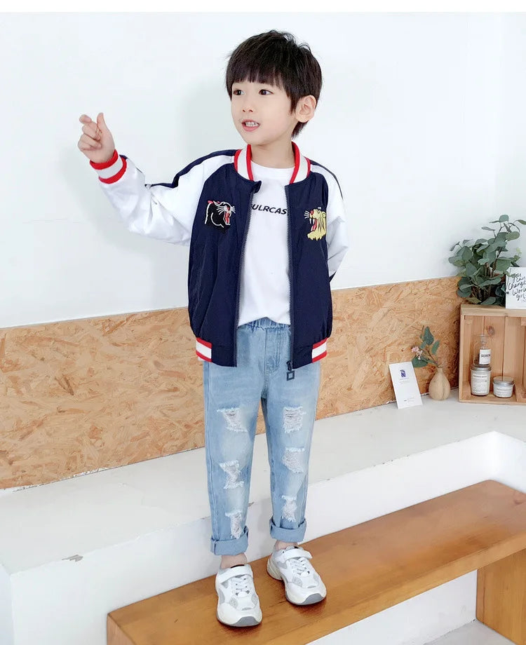 Jeans de niños de primavera otoño, pantalones vaqueros elásticos de algodón con estampado empalmado, pantalones de mezclilla coreanos para adolescentes, ropa infantil