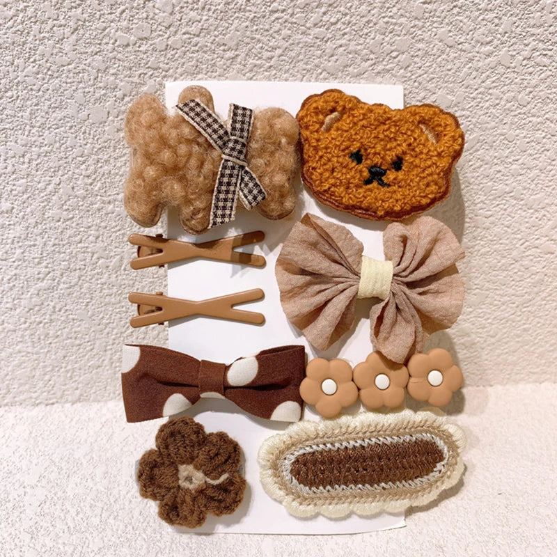 9 unidades/set de pinzas para el pelo de dibujos animados para niña, bonitas horquillas de oso, lazo, flores de punto, pasadores para niños, accesorios para el pelo de bebé
