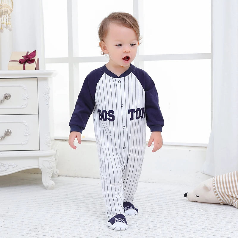 Uniforme de béisbol de algodón puro para bebé, manga larga bombacha, ropa de recién nacido, envoltorio de pies, primavera, otoño, 0-1 año