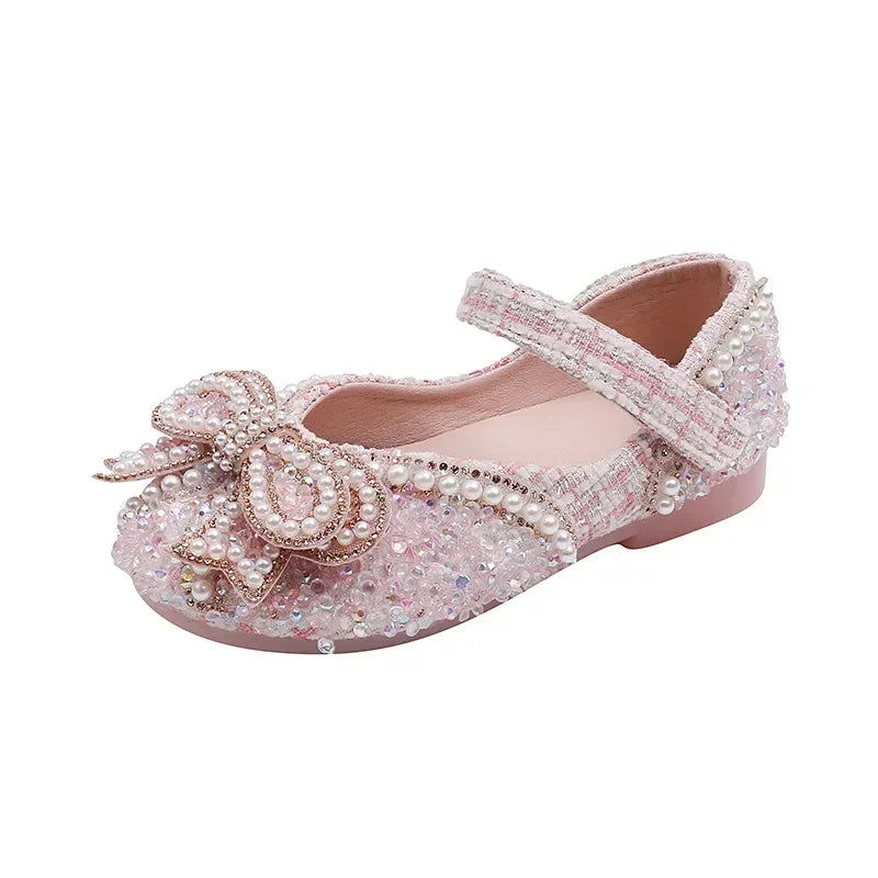 Sandalias para niñas, moda, lentejuelas, diamantes de imitación, lazo, zapatos de princesa para bebé, sandalias planas para niños, tallas 21-36