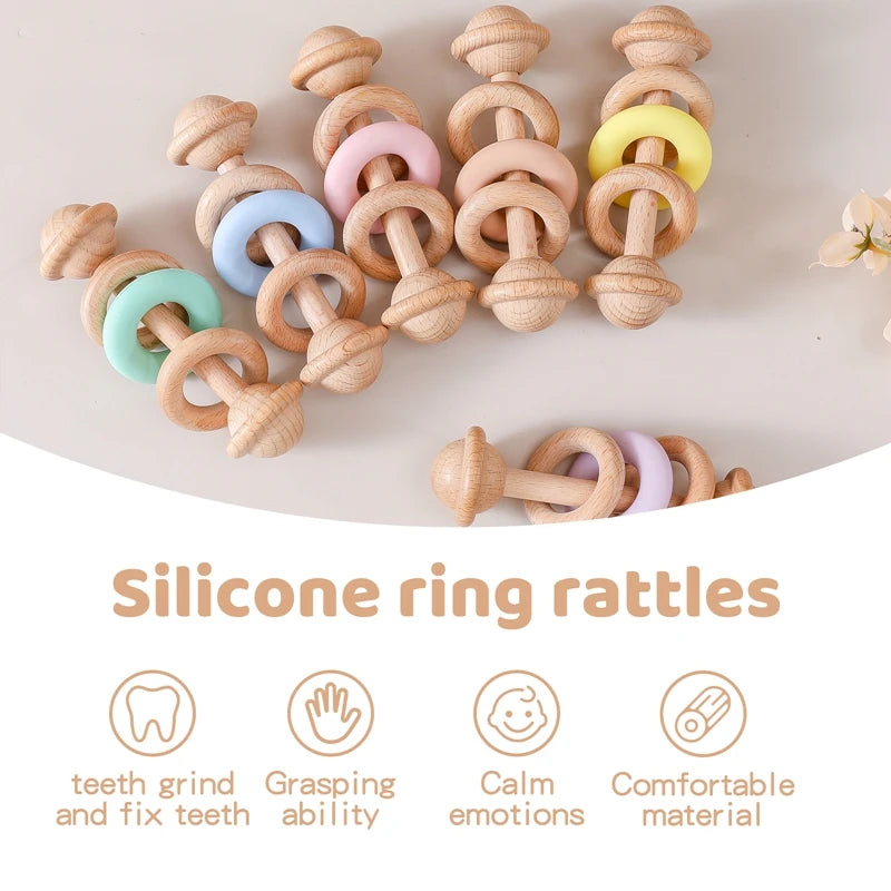 BPA-free Baby Toys Wooden Rattles Silicone Ring Rattles and Mobiles Babies 0–12 Months Sensory Toys Wooden Teether Baby Gifts