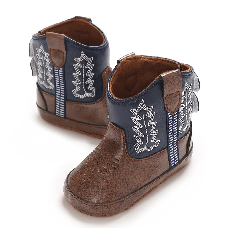Leather Western Boots Cowboy Bootie Soft Sole Non-Slip Crib Shoes for Baby Infant Toddler Girls Boys Newborn