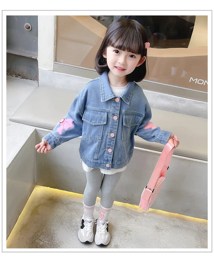 Lovely Style Babi Girls Casual Blue Denim Jacket Coat with Bow Embroidery Kids Child Fashion Spring Autumn Streetwear Outfit