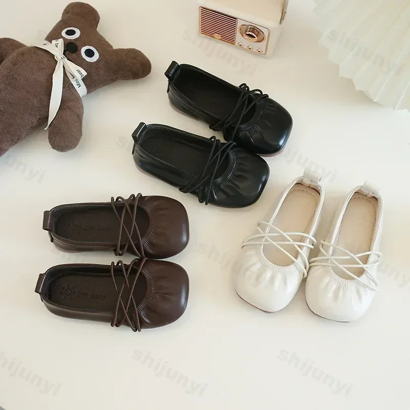 Baby Girls Leather Shoes Soft Princess Ruffles Pleated Mules Kids Casual Flats Slip-on 2025 Autumn New Children's Dress Shoes