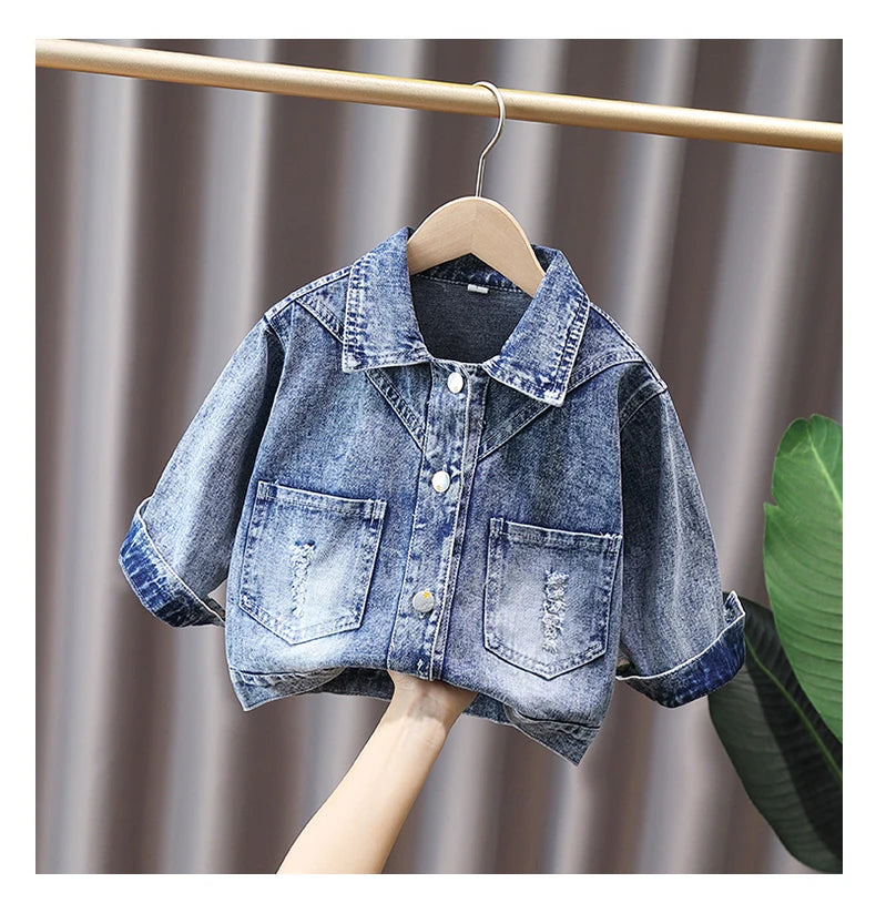 2-9 Years Babi Girls Denim Jacket New Fashion Baby Kids Jean Coats For Girls Cute Lace Bow Design Children Outerwear Clothing