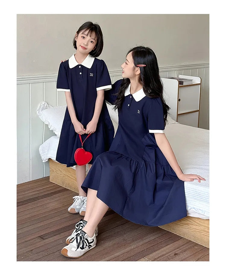Summer Family Matching Polo Dress for Mother and Daughter Look Casual Clothes Mom and Me Matching Outfits Women Girl Dresses