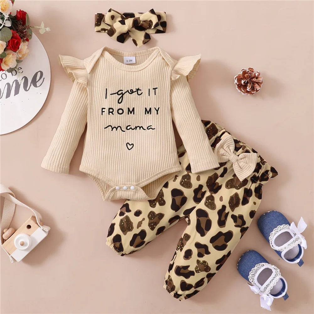 Conjunto de ropa para bebé recién nacido de 0 a 18 meses, body de manga larga + pantalones de leopardo + diadema, 3 piezas, atuendos de otoño a la moda para niña pequeña