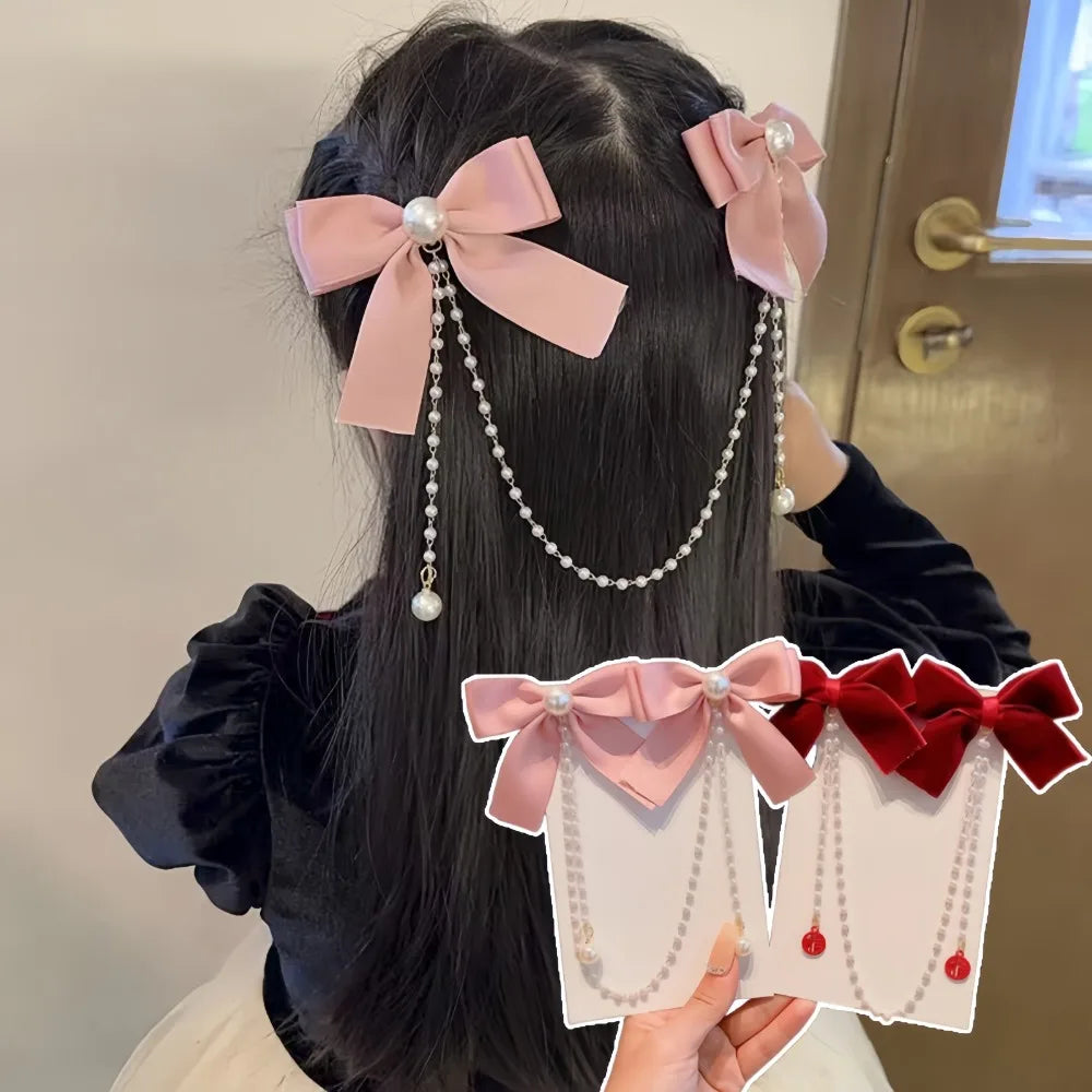 Dulce estilo princesa, perlas rosas, cadena de lazo, horquilla para el pelo para mujer, horquillas bonitas para la parte trasera de la cabeza para niñas, accesorios para el pelo