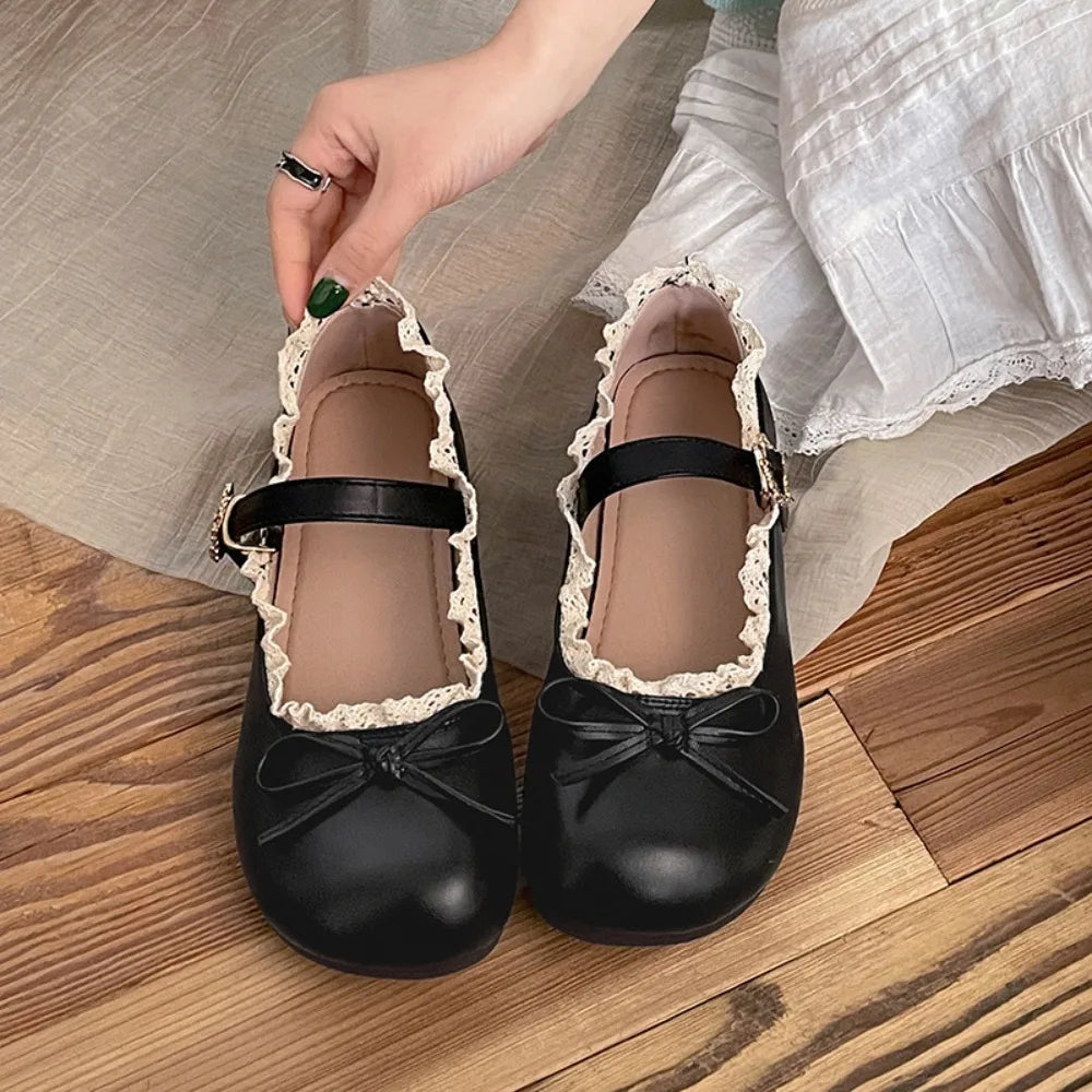 Lolita PU Leather JK Flat Shoes Bow Sweet Casual Ballet Flats Lace Ruffled Soft Sole Slip On Loafers Girls