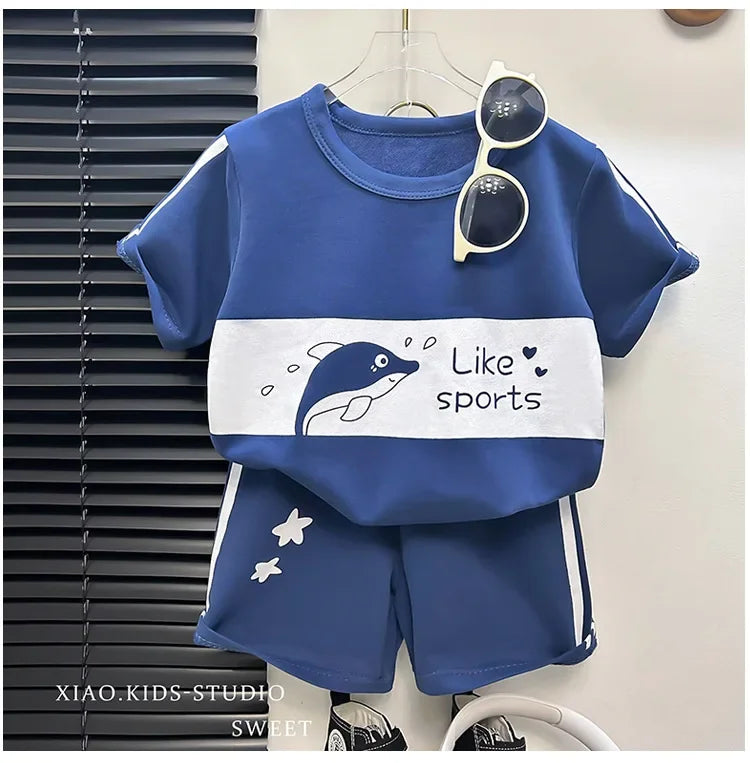 2024 Neues Kinder Kurzarm-Anzug Gestreifte Mädchen Jungen Set Sommer Oberteile + Kurze Babykleidung Kinderbekleidung
