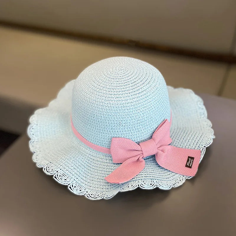 Summer Girls Beach Sun Hats Lotus Leaf Brim Cute Squinting Eyes Bowknot Outdoor Sun Protection Children Straw Cap Kids