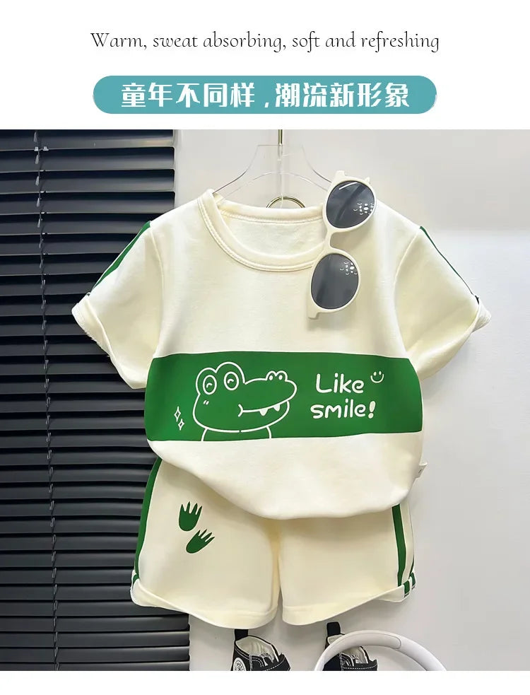 2024 Neues Kinder Kurzarm-Anzug Gestreifte Mädchen Jungen Set Sommer Oberteile + Kurze Babykleidung Kinderbekleidung