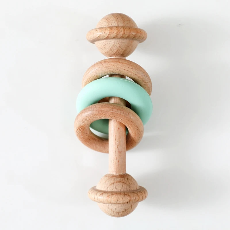 BPA-free Baby Toys Wooden Rattles Silicone Ring Rattles and Mobiles Babies 0–12 Months Sensory Toys Wooden Teether Baby Gifts