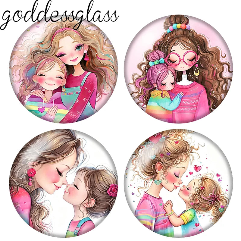 Mother's love Mom and Daughter Kiss 10pcs 12mm/20mm/25mm Round photo demo glass cabochon flat back Making fittings
