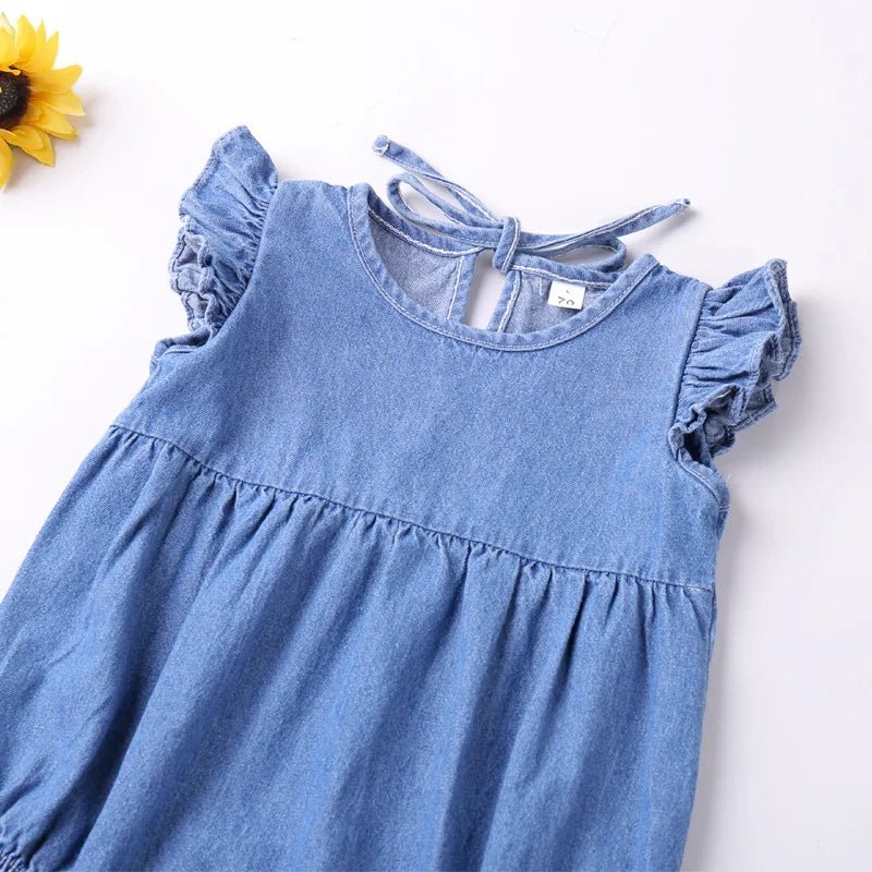 Baby-Mädchen Strampler Kleinkind Rüschen Strampler Baumwolle Denim Fliege Ärmellos Sommer Bodysuit Sonnenanzug Outfits Neugeborenen Overall