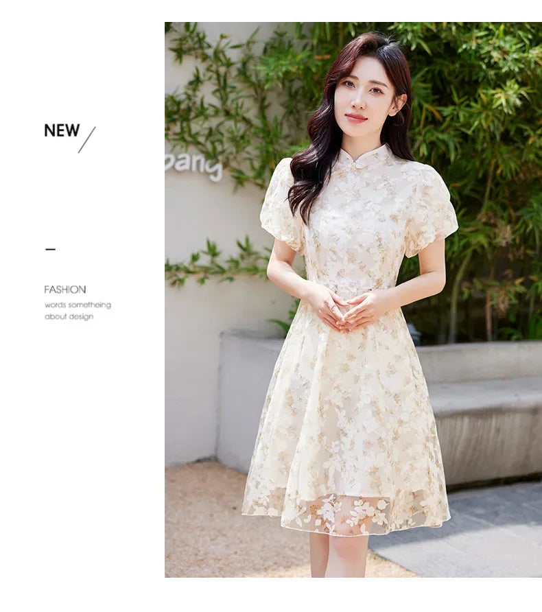 Mother Daughter Matching Dresses Vintage CheongsamGirl Daily Wear Retro Floral Dress Princess Gown Summer Outfit Mommy and