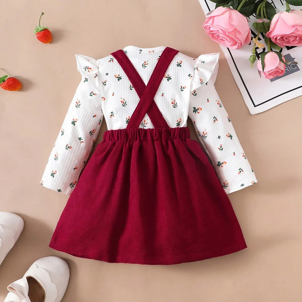 2-teiliges Neugeborenen-Baby-Geburtstags-Prinzessinnenkleid-Set Langarm-Strampler + roter Trägerrock für kleine Mädchen 0-18 Monate Neujahrs-Outfits