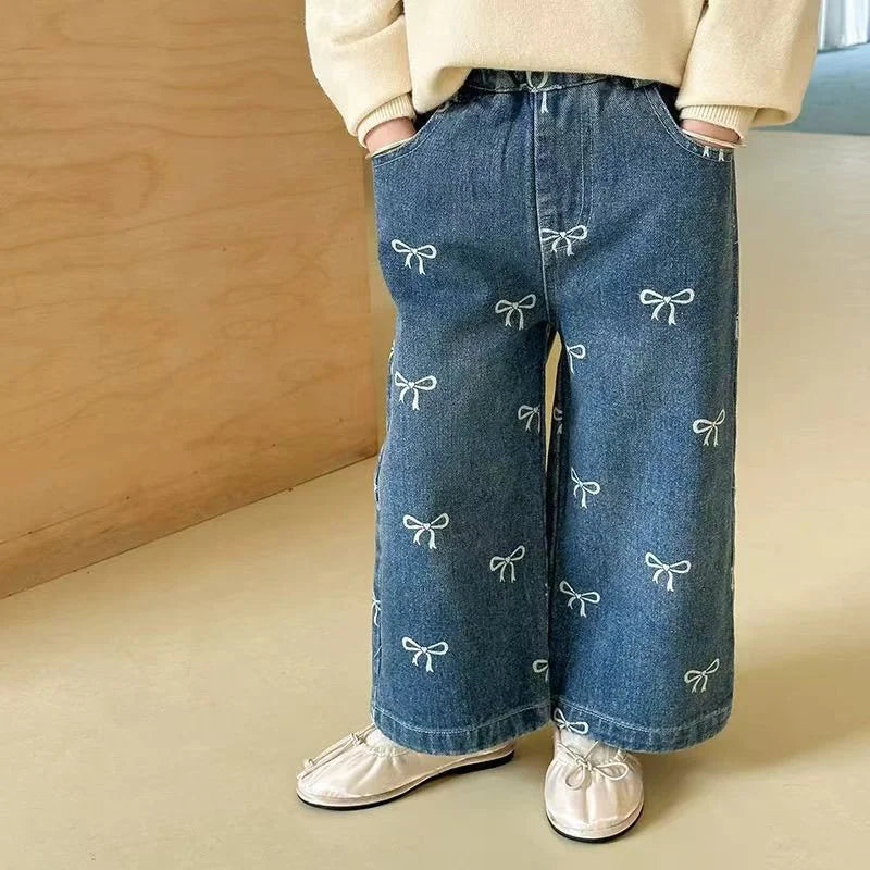 Girls Spring Autumn Jeans New Children Fashion Print Bow Loose Pants Kids Trends Wide Leg Trousers  Baby Casual Baggy Clothing