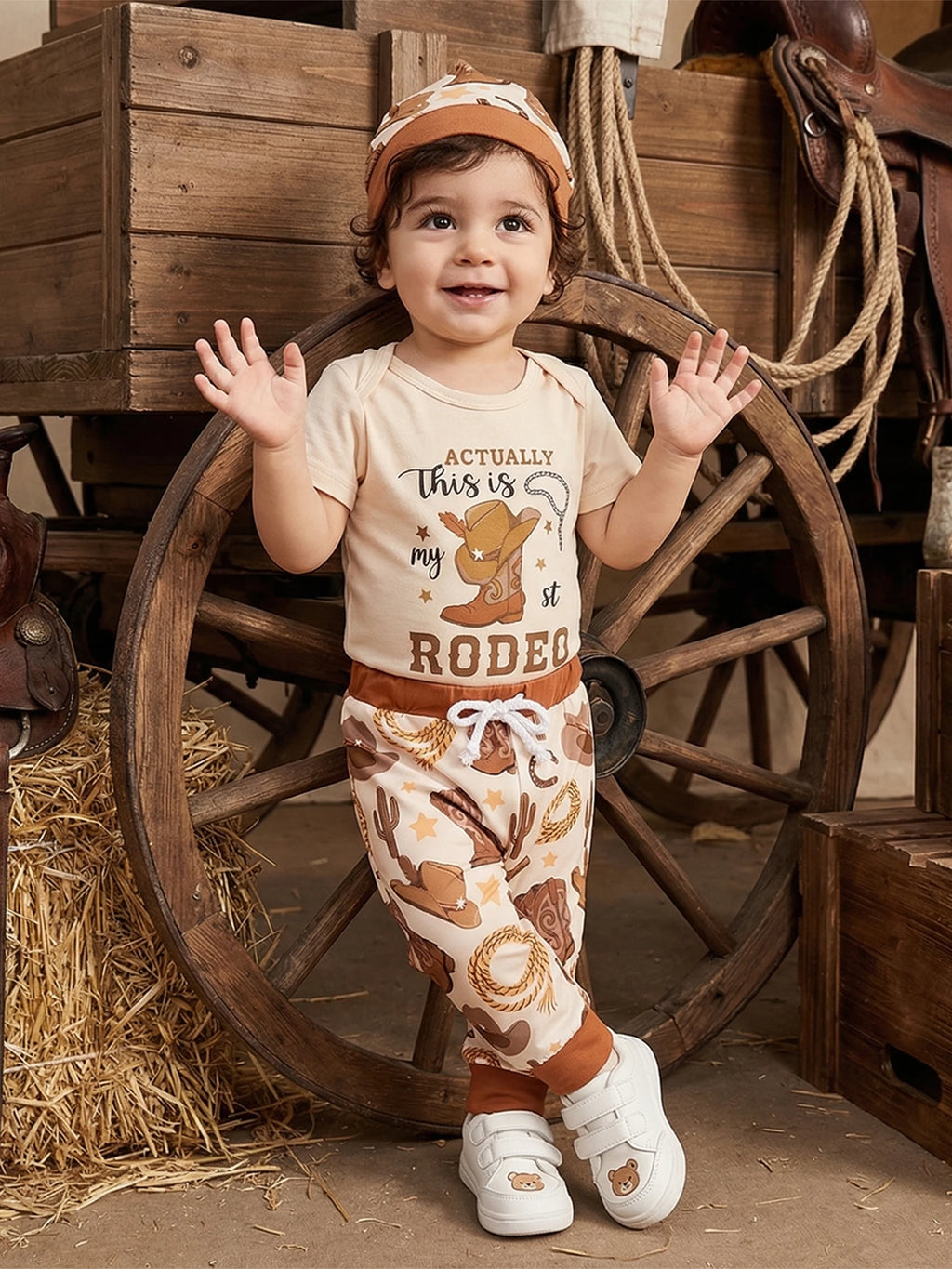Baby Boy's Western Clothing Sets Fashionable Booties Print Short Sleeve Romper with Pants Hat 3Pcs Outfits