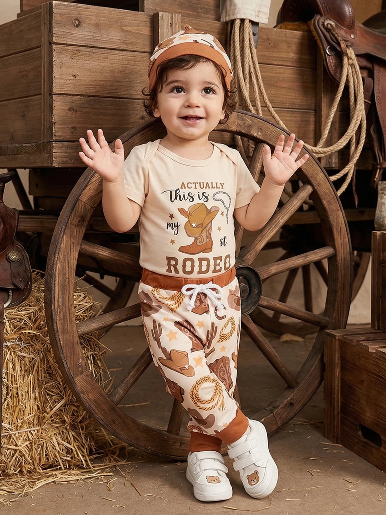 Baby Boy's Western Clothing Sets Fashionable Booties Print Short Sleeve Romper with Pants Hat 3Pcs Outfits