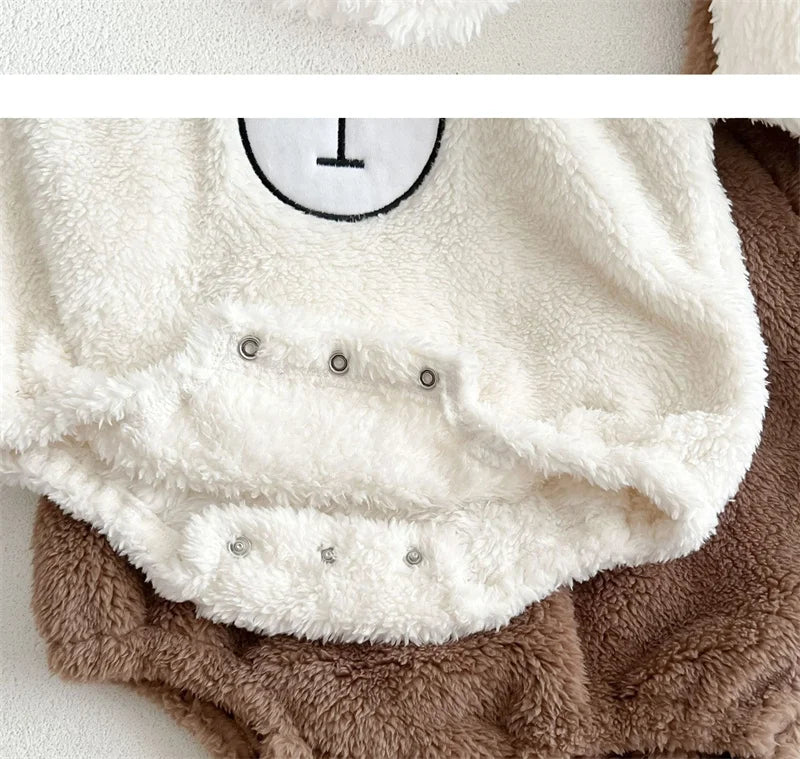 Baby Clothing Autumn Winter Cute Hooded Cartoon Bear Baby Crawling Clothes Pajamas Warm Double-sided Plush Jumpsuit Trousers Set