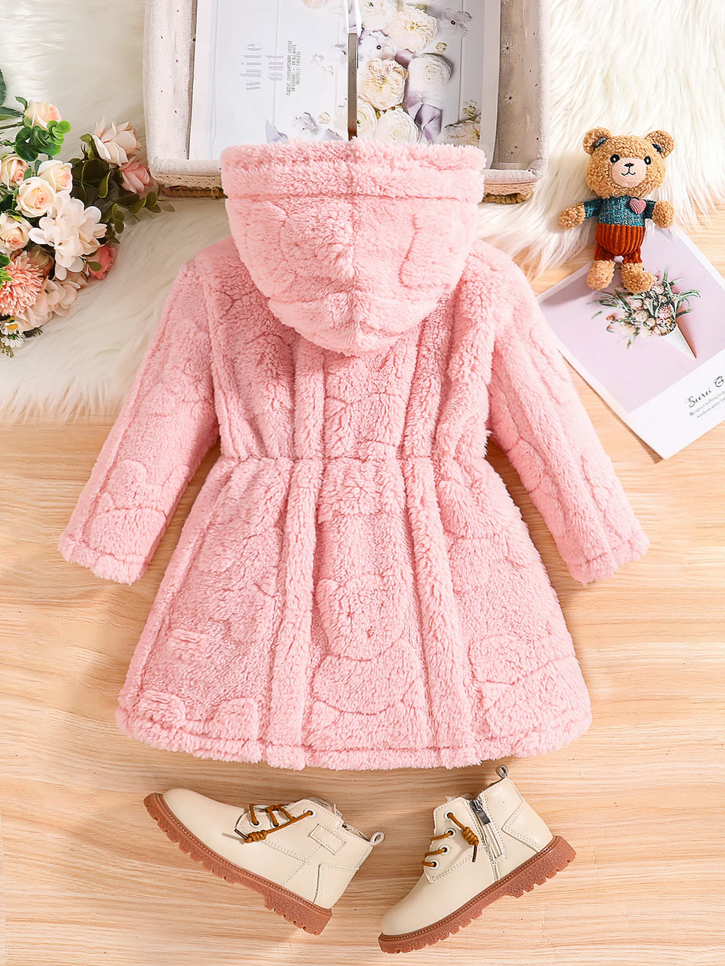 Abrigo de terciopelo rosa con capucha, cálido, casual, para el hogar, moda infantil de primavera y otoño para niñas 4-8Y1