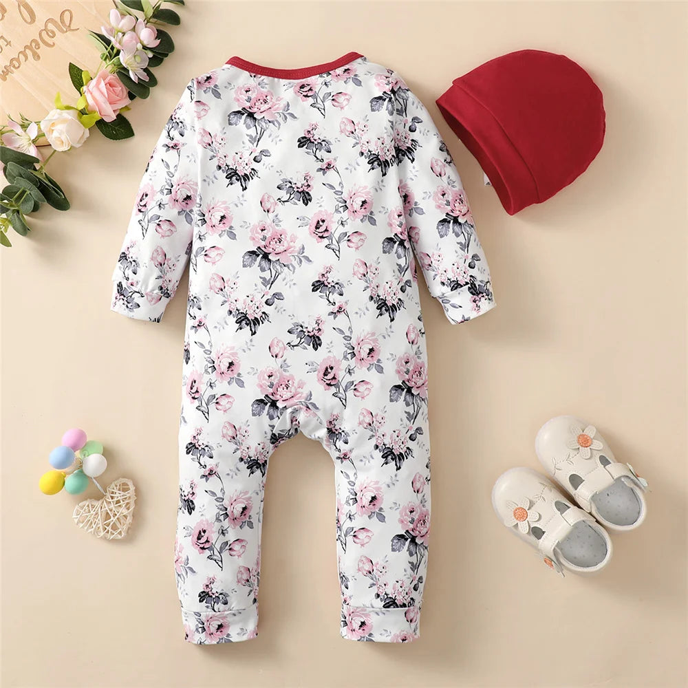 0-18 Monate Neugeborenes Baby Mädchen Strampler Kleidung Langarm Blumen Body Kostüm Süßer Baby Frühlings-Jumpsuit mit Hut