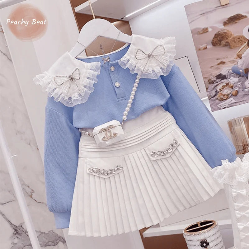 Fashion Baby Girl Princess Clothes Set Bow Lace Sweatshirt Sequins Skirt Child Clothing Suit Party Birthday Baby Clothes 3-14Y