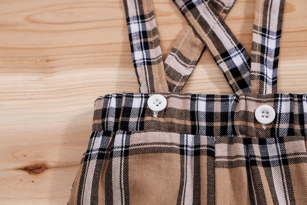 2PCS IURNXB Baby Clothes Sets Short Sleeve Boys Infant Plaid Bear Bodysuit+Suspenders Trousers Set Overall Newborn Outfits 1-18M