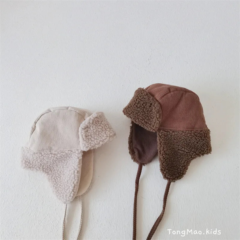 Otoño Invierno Niños Más Terciopelo Orejeras Cortavientos Frío Cálido Gorra de Pana Niño Niña Bebé Vellón Algodón Gorro Grueso Liso