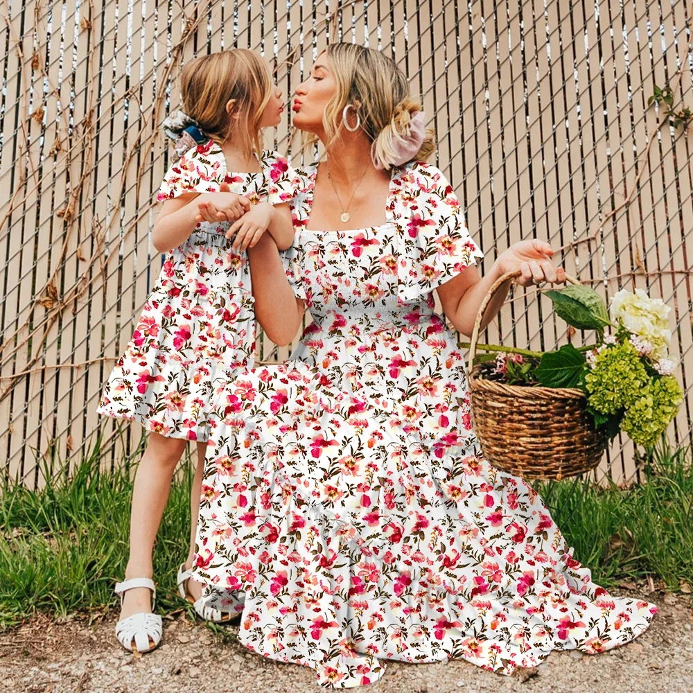 Summer Parent-Child Outfit Mommy And Me Fashion Girl Floral Print Ruffle Sleeve Sweet Dress Mother And Daughter Matching Clothes