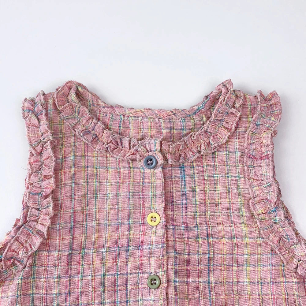 Rosa zweiteiliges Sommer-Set für Mädchen mit einreihigem ärmellosem Oberteil und Freizeithose, neue Kinder-Sets Kinderkleidung