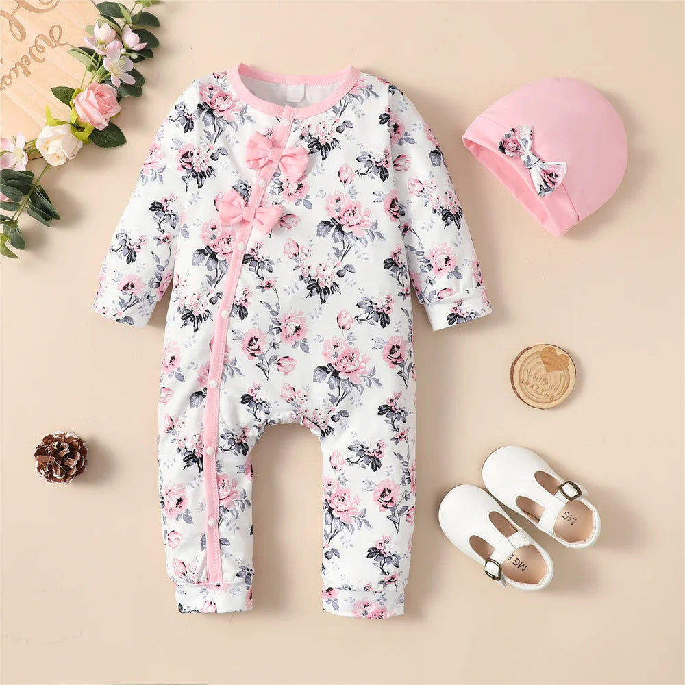 0-18 Monate Neugeborenes Baby Mädchen Strampler Kleidung Langarm Blumen Body Kostüm Süßer Baby Frühlings-Jumpsuit mit Hut