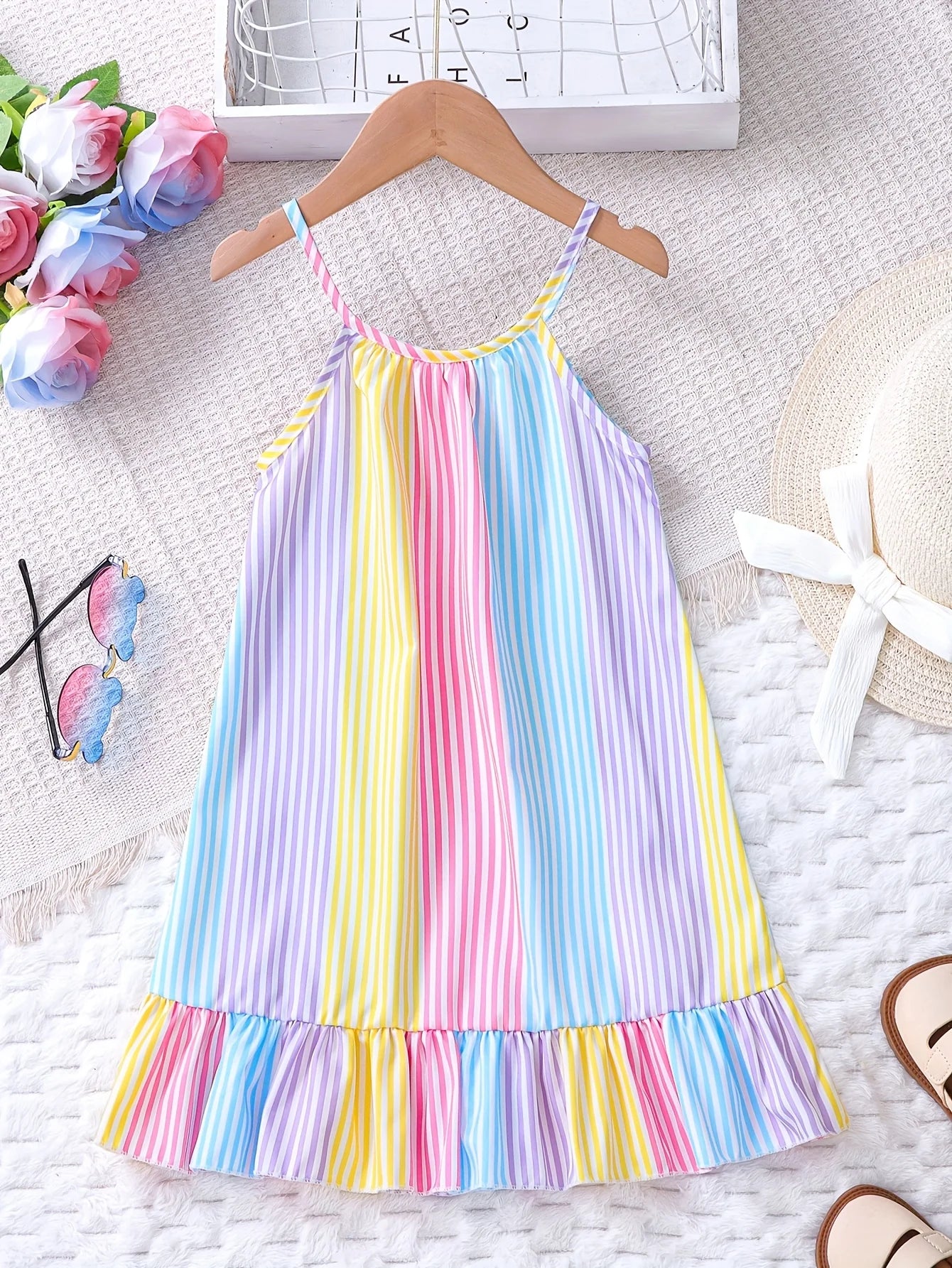 Vestido de verano a rayas de colores con dobladillo de volantes para niñas, vestido de tirantes para vacaciones de verano en la playa para niños