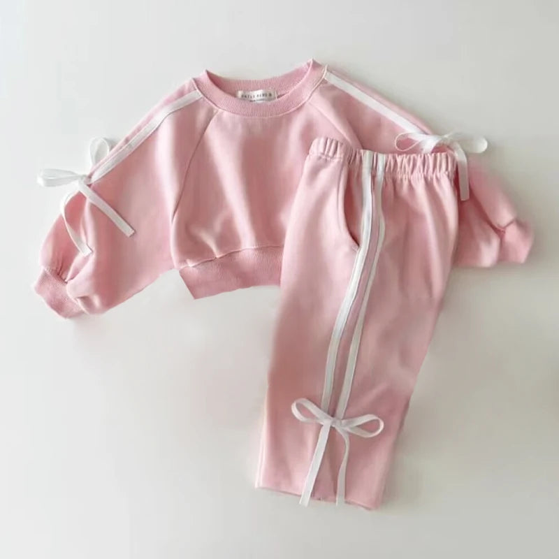 Baby Clothing Set Fashion Bow Decoration Pink Sports Top+Pants Two-piece Sets Sweatshirts Pant Suits 0-5 year old children's set