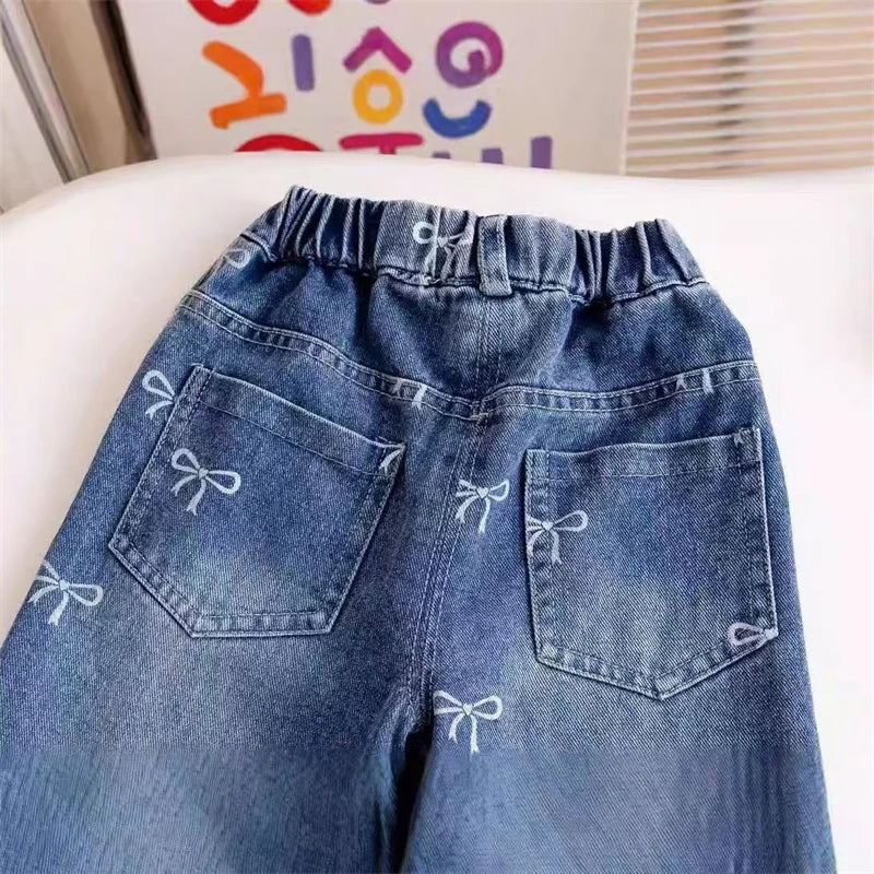 Girls Spring Autumn Jeans New Children Fashion Print Bow Loose Pants Kids Trends Wide Leg Trousers  Baby Casual Baggy Clothing