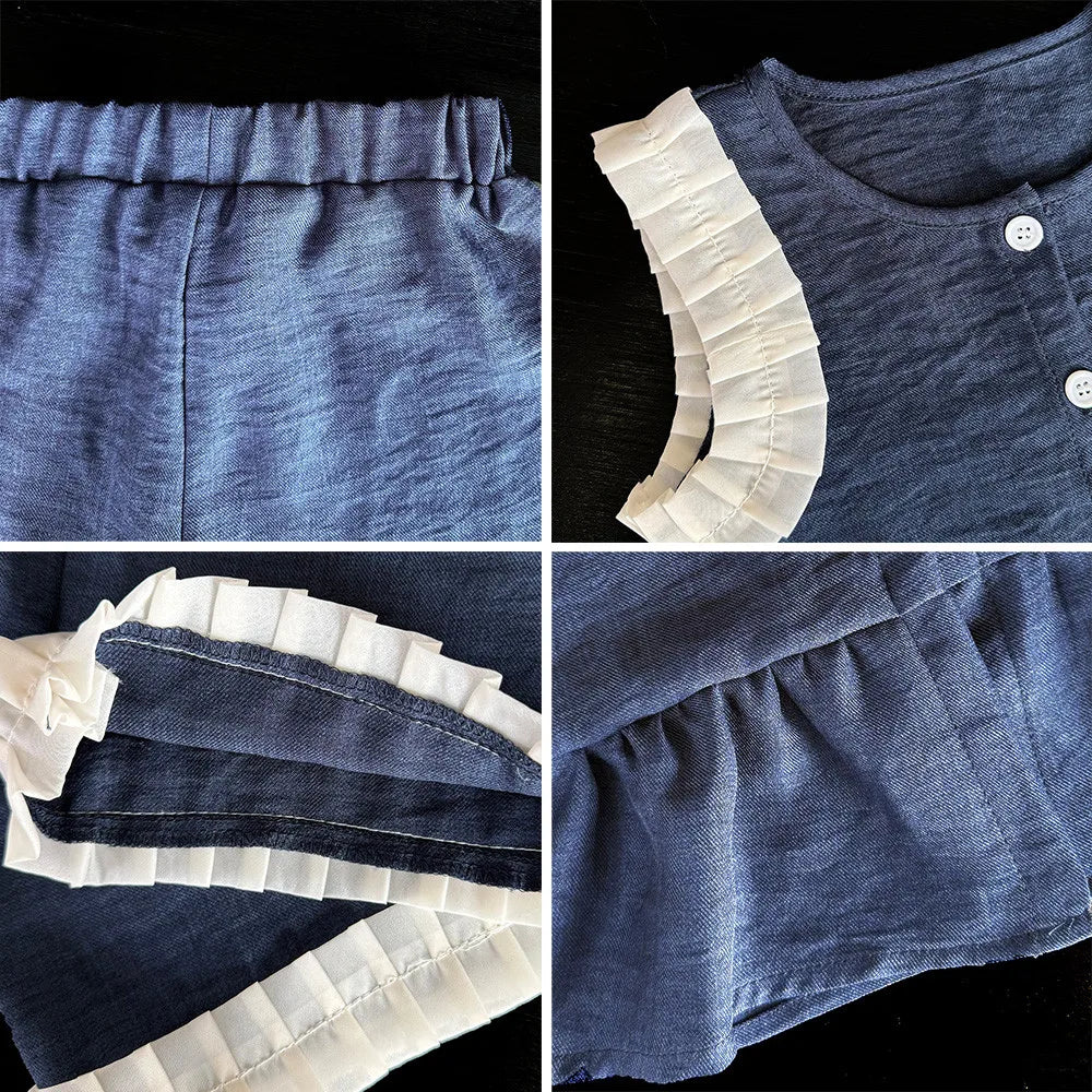 Bear Leader Koreanische Version Kinderkleidung Mädchen Blauer Imitations-Jeansanzug Sommer Neu Ärmelloses Oberteil + Weite Hose Zweiteiler Set