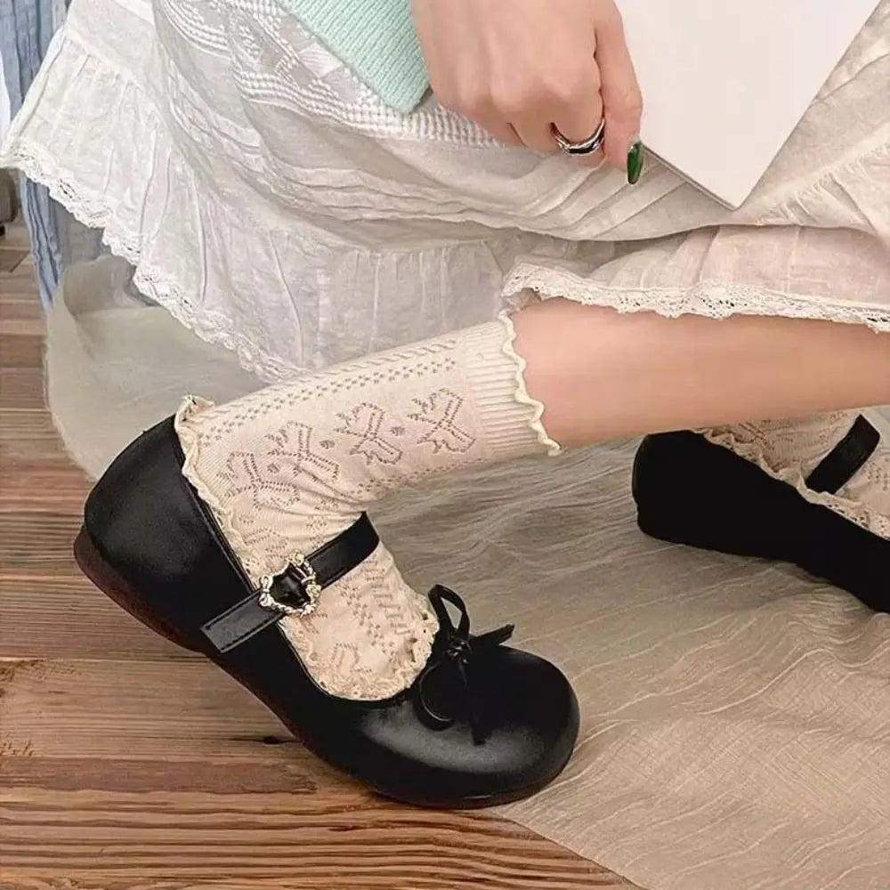 Fashion PU Leather JK Flat Shoes Lace Ruffled Sweet Casual Ballet Flats Soft Sole Bow Slip On Loafers Girls
