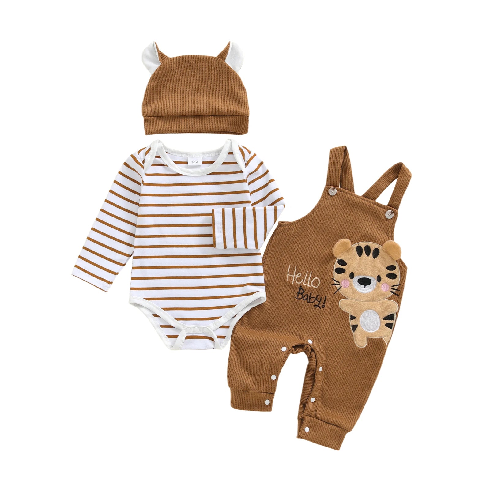 Tregren 0–18 Monate Baby Jungen Bekleidungssets Modischer Langarm gestreifter Strampler mit Tiger bestickter Latzhose und Hut