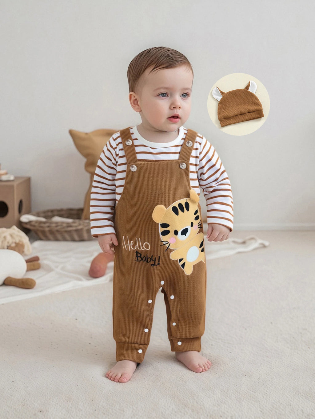Tregren 0–18 Monate Baby Jungen Bekleidungssets Modischer Langarm gestreifter Strampler mit Tiger bestickter Latzhose und Hut