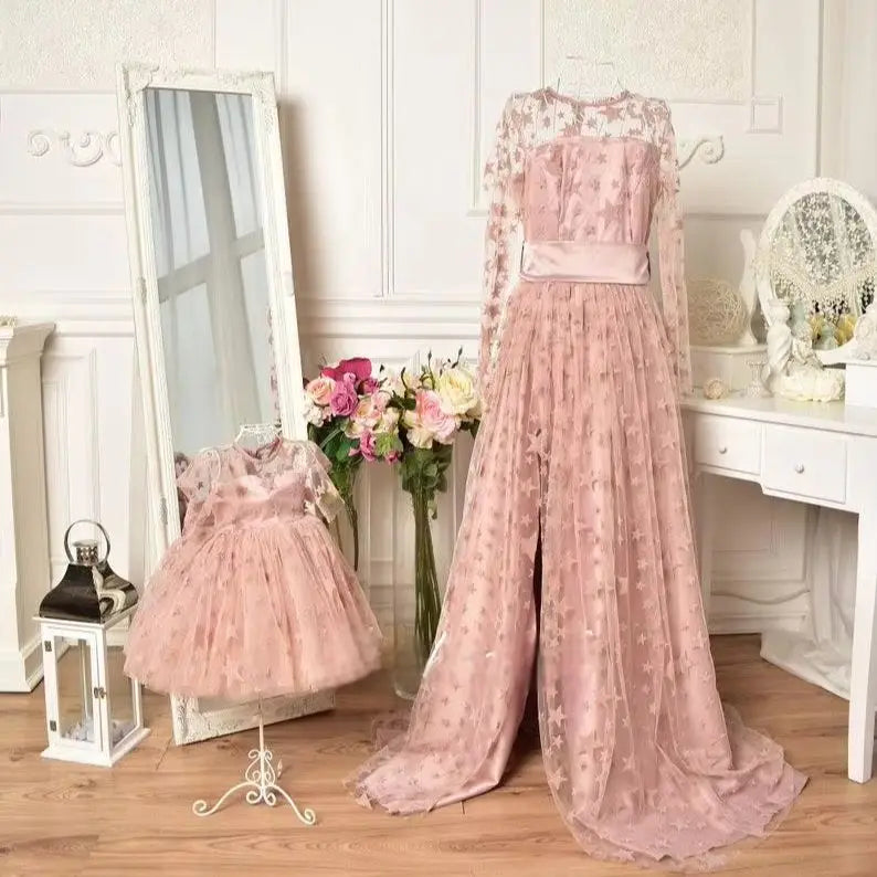 Pink Mommy And Me Outfits Mother Daughter Matching Dresses Long Sleeve Side Split Mom And Daughter Dresses for Photo Shoot