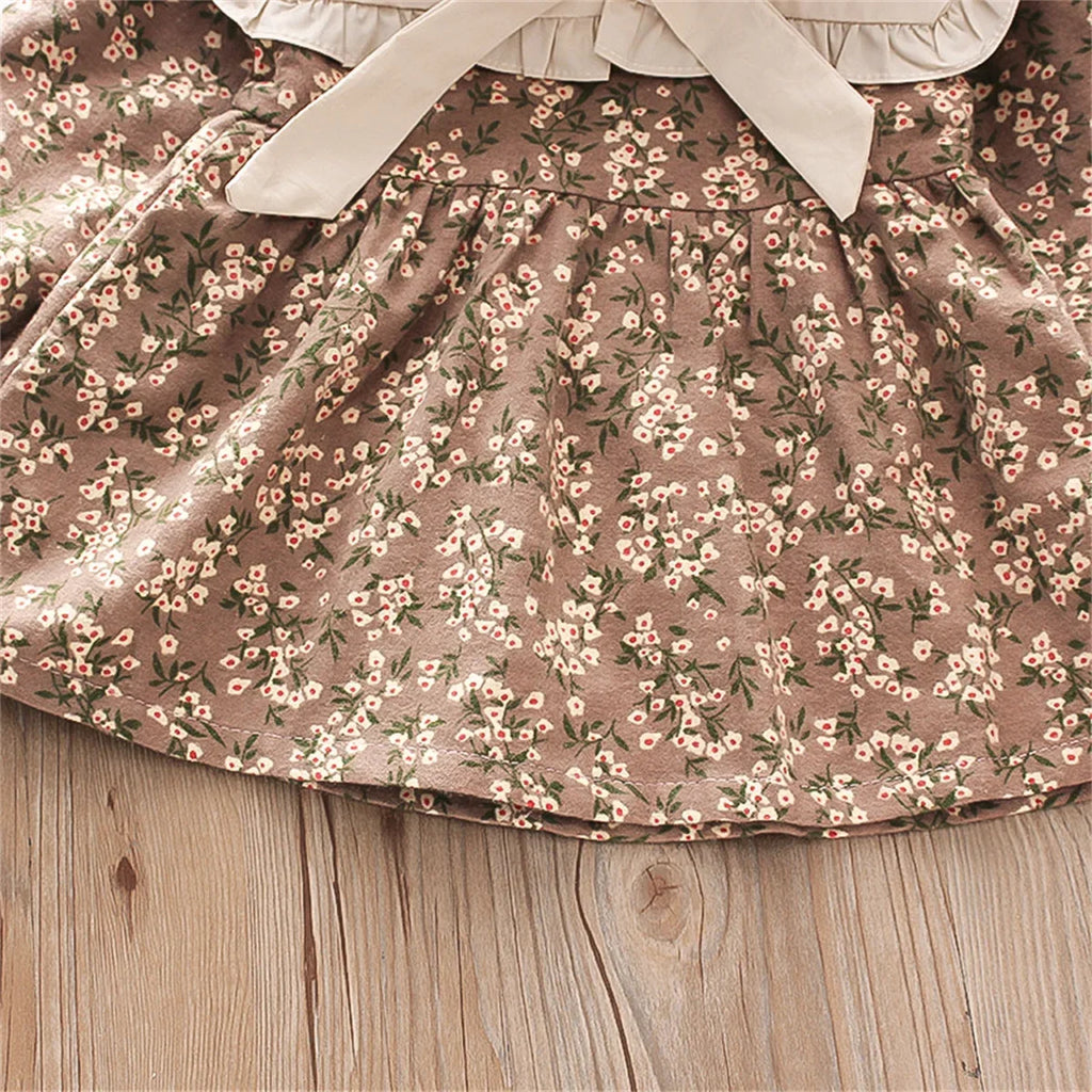 Fall Winter New Girls' Dress Lapel Floral Full Camp Bow Ribbon Lace Pleated Puffy Sleeves Sweet Girls' Dress