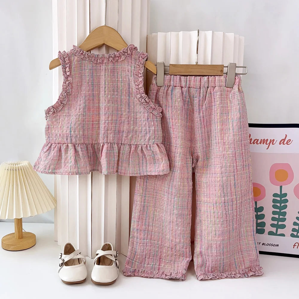 Rosa zweiteiliges Sommer-Set für Mädchen mit einreihigem ärmellosem Oberteil und Freizeithose, neue Kinder-Sets Kinderkleidung